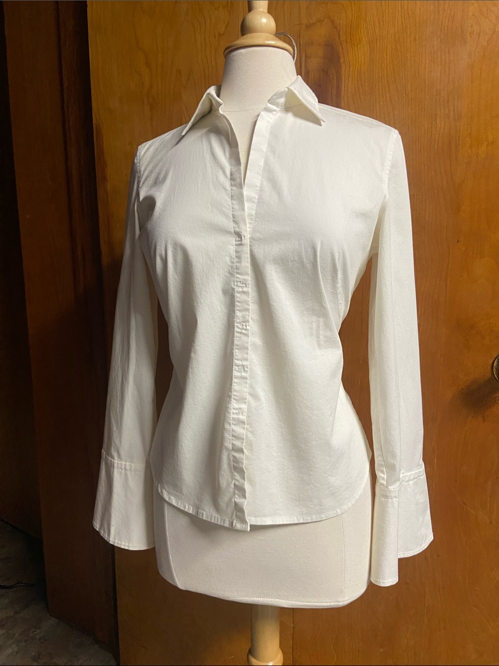 Tailored Vintage Women's White Snap Front Shirt with French Cuffs Large Ticking